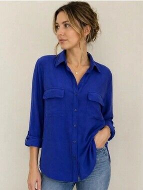 New Nexx York 100% Silk Periwinkle Button Front Blouse Womens Long Sleeve XL